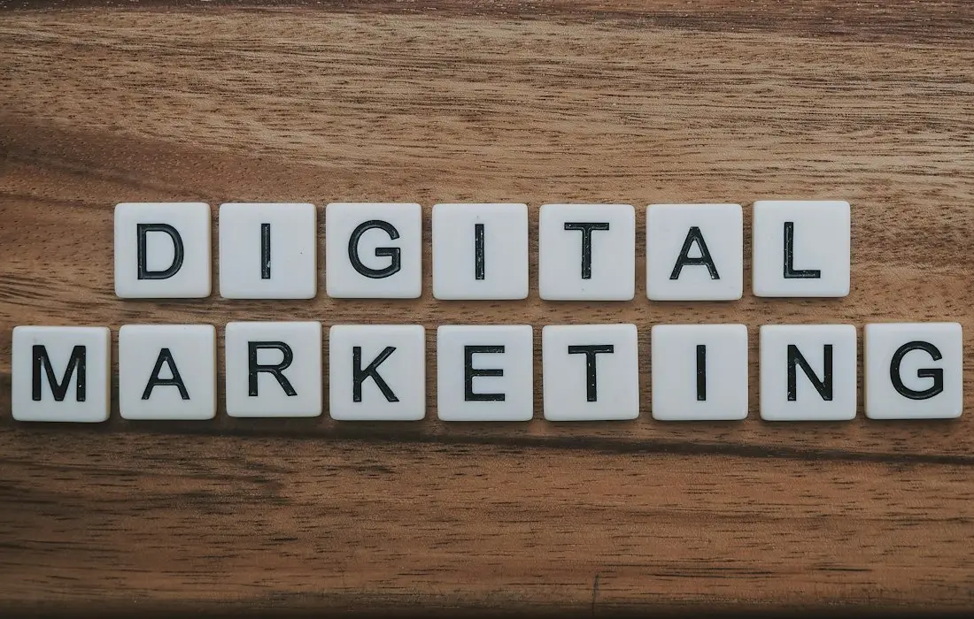 Digital marketing spelled in letter tiles